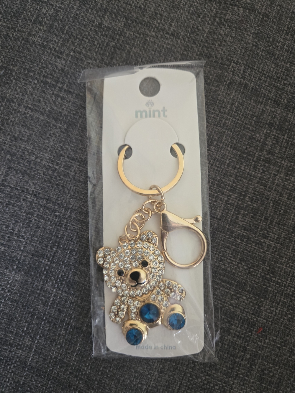 Mint Gold-Tone Teddy Bear Keychain Bag Charm with Blue Gems